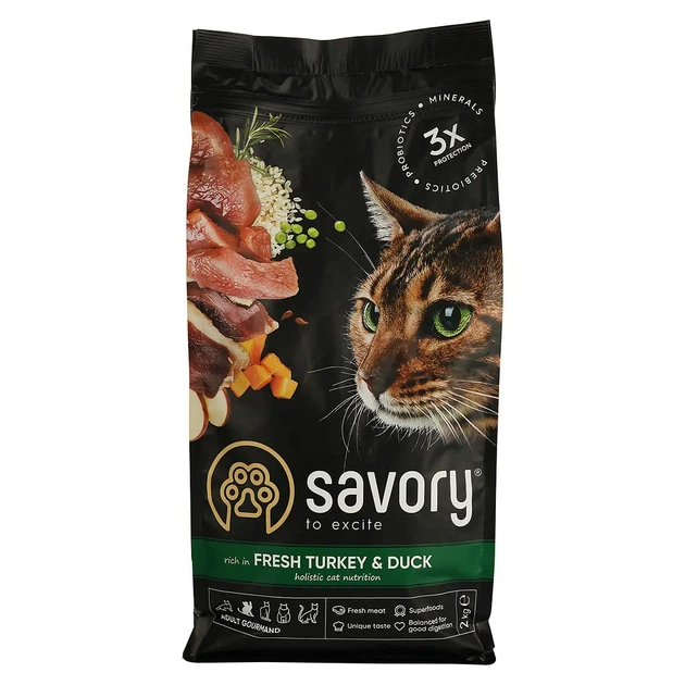 Сухий корм для дорослих котів Savory Adult Gourmand з індичкою та качкою, 2 кг - Фото 1 Сухий корм для дорослих котів Savory Adult Gourmand з індичкою та качкою, 2 кг - зображення 1