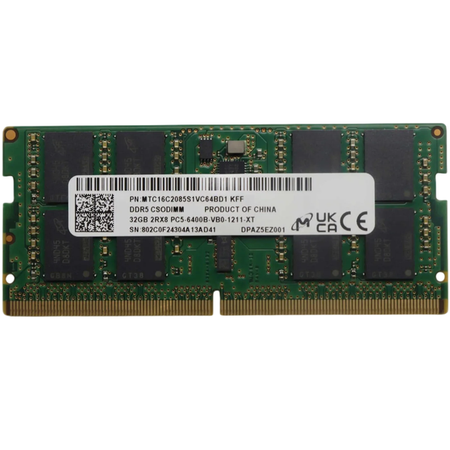 Оперативна пам'ять Micron 32GB DDR5 6400MHz SO-DIMM (MTC16C2085S1VC64BD1) Б/В - Фото 1 Оперативна пам'ять Micron 32GB DDR5 6400MHz SO-DIMM (MTC16C2085S1VC64BD1) Б/В - зображення 1