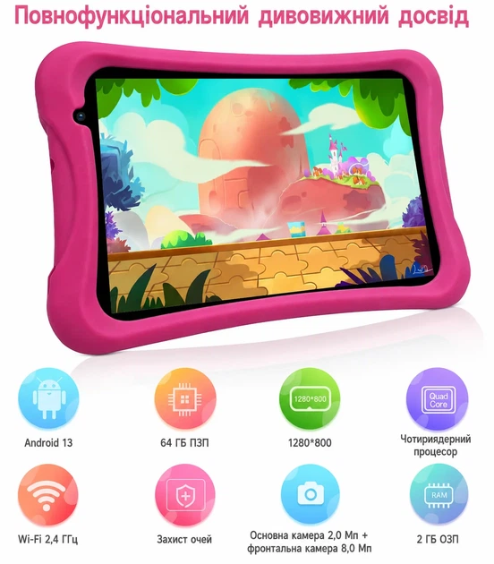 Планшет 8" Pritom L8 2+2/64Gb 4 ядра Android 13 4000 mAh Pink - Уцінка - Фото 4 Планшет 8" Pritom L8 2+2/64Gb 4 ядра Android 13 4000 mAh Pink - Уцінка - зображення 4