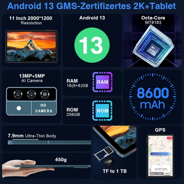 Планшет 11" Full HD Oangcc A13 8+8/256Gb 8 ядер Android 13 8600 mAh Синий (102051312) - Уценка - изображение 2