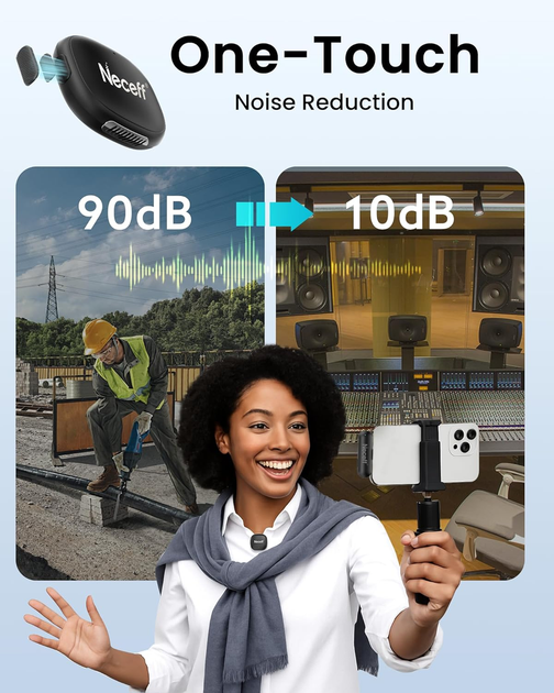 Беспроводной петличный микрофон Neceff Echo Air 2 для iPhone 15/16/17 Android USB-C с AI шумоподавлением и кейсом - изображение 6
