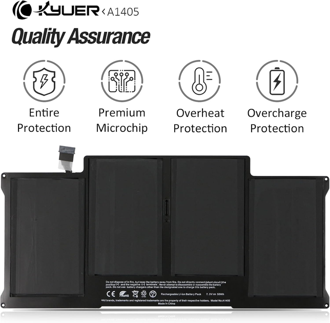 Акумуляторна батарея K KYUER A1496 A1405 A1377 для Apple MacBook Air 13" A1466 A1369 (2010-2017) 7200 мАг 7.6V 55Вт·год - зображення 8