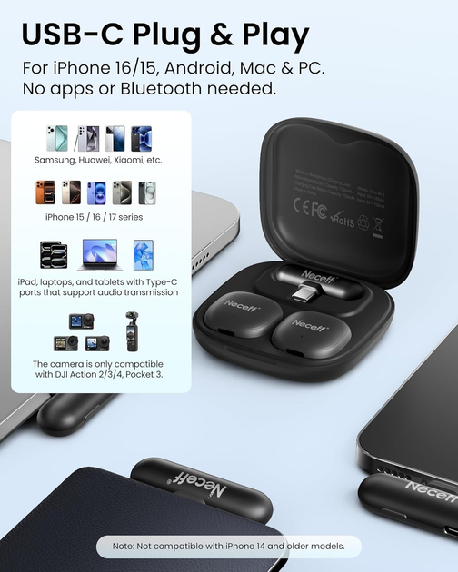 Беспроводной петличный микрофон Neceff Echo Air 2 для iPhone 15/16/17 Android USB-C с AI шумоподавлением и кейсом - изображение 8