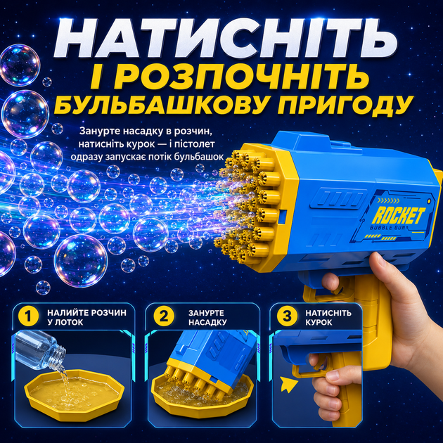 Детский пистолет для мыльных пузырей Rocket Bubble Gun 40 отверстий, синий цвет - изображение 4