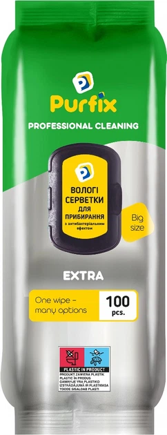 Серветки д/прибирання вологі PURFIX 100шт. EXTRA, антибактеріальні, з клапаном (6) - Фото 1 Серветки д/прибирання вологі PURFIX 100шт. EXTRA, антибактеріальні, з клапаном (6) - зображення 1