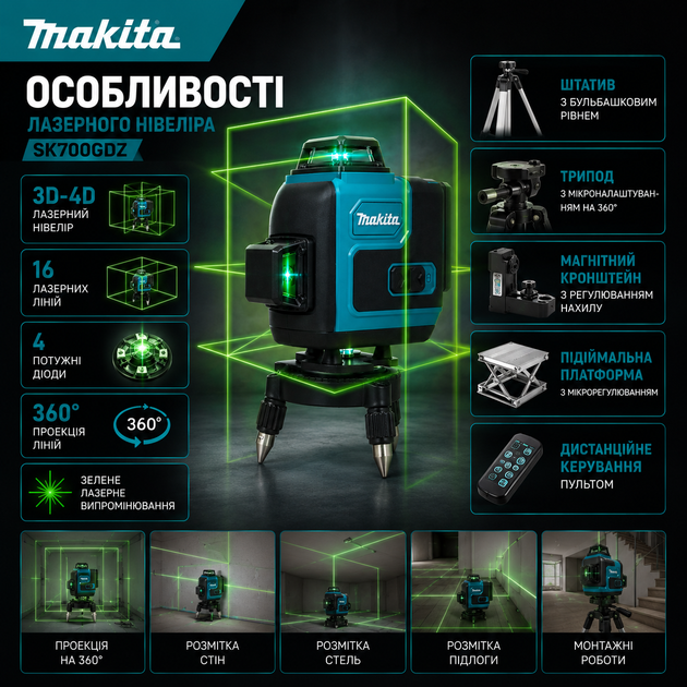 Аккумуляторный лазерный нивелир Makita SK700GDZ с 3D-4D-уровнем (3,7 В, 5 Ач) - изображение 4