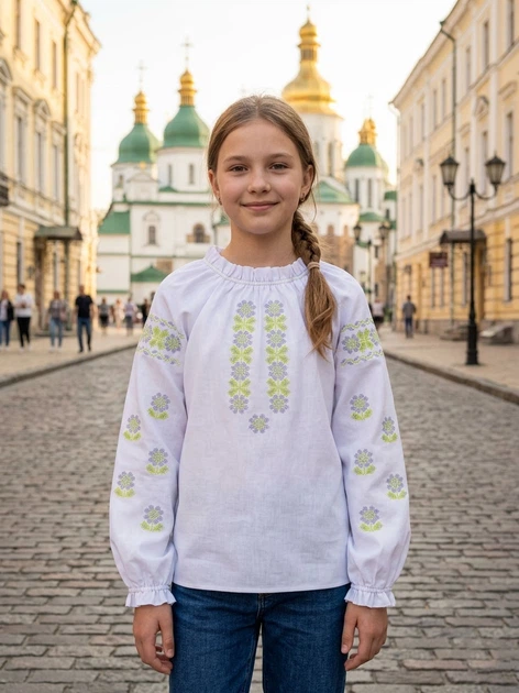 Подростковая вышитая блуза Арина для девочки с салатовым орнаментом, вышиванка 170 - изображение 2