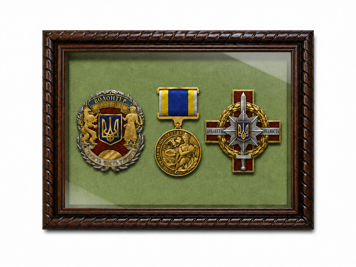 Рамка для військових Медалей та Нагород (150х200х34 мм.) Багет пластиковий з текстурою дерева AM-2034-B84 (з захисним Склом, Оливковою бархатною /велюровою оббивкою, задніком ДВП з кріпленнями на стіну, та ніжкою) BagetiKo - зображення 3
