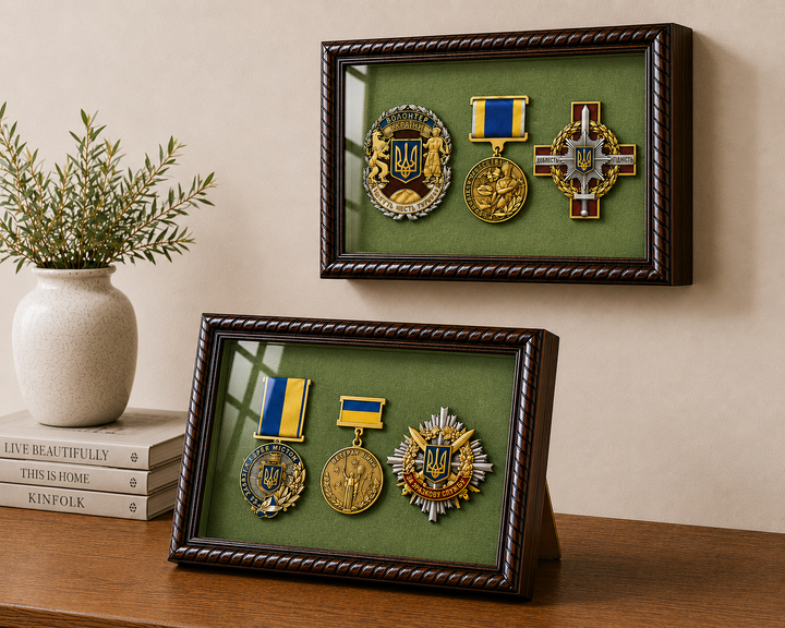 Рамка для військових Медалей та Нагород (150х200х34 мм.) Багет пластиковий з текстурою дерева AM-2034-B84 (з захисним Склом, Оливковою бархатною /велюровою оббивкою, задніком ДВП з кріпленнями на стіну, та ніжкою) BagetiKo - зображення 6