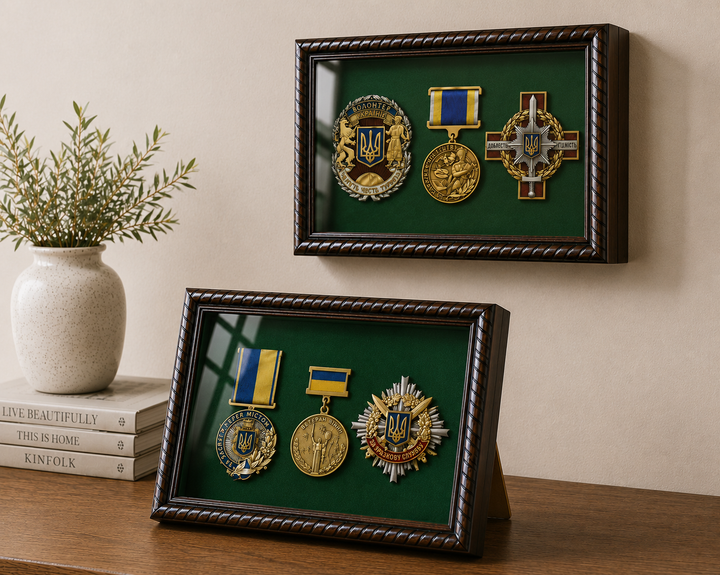 Рамка для военных Медалей и Наград (150х200х34 мм.) Багет пластиковый с текстурой дерева AM-2034-B84 (с защитным Стеклом, Зелёной бархатной /велюровой обивкой, задником ДВП с креплениями на стену, и ножкой) BagetiKo - Фото 6 Рамка для военных Медалей и Наград (150х200х34 мм.) Багет пластиковый с текстурой дерева AM-2034-B84 (с защитным Стеклом, Зелёной бархатной /велюровой обивкой, задником ДВП с креплениями на стену, и ножкой) BagetiKo - изображение 6