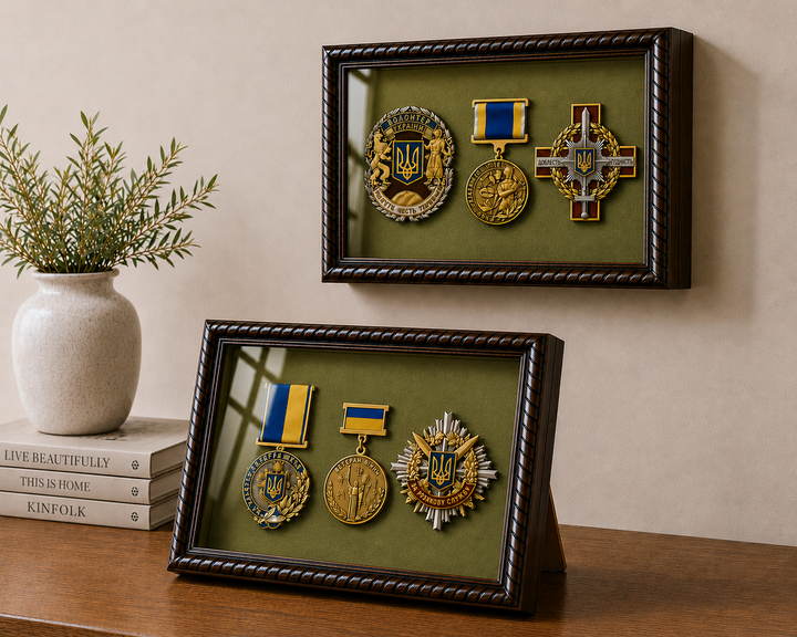 Рамка для военных Медалей и Наград (150х200х34 мм.) Багет пластиковый с текстурой дерева AM-2034-B84 (с защитным Стеклом, Бархатной /велюровой обивкой цвета Хаки, задником ДВП с креплениями на стену, и ножкой) BagetiKo - изображение 6