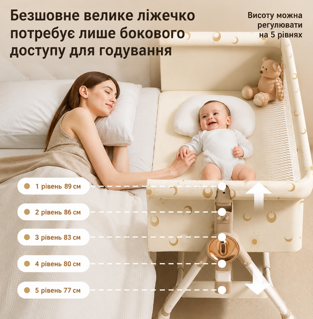 Ліжечко приставне для немовлят Terrio Sunny Beige ліжечко дитяче колиска дитяча колиска ліжечко для новонародженого - зображення 4