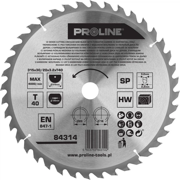 Пильний диск по дереву Proline 315 x 30 мм 84314 (5903755843142) - Фото 1 Пильний диск по дереву Proline 315 x 30 мм 84314 (5903755843142) - зображення 1