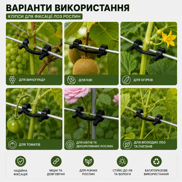 Кліпса фіксатори для виноградної лози та рослин 100шт (Кріплення для лози винограду, томатів, огірків та квітів) - зображення 4