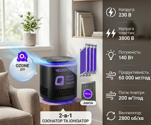 Озонаторы-ионизаторы воздуха Toolme 2в1 60 000 мг/ч 140 Вт Бытовой озонатор и ионизатор Озонаторы - изображение 2