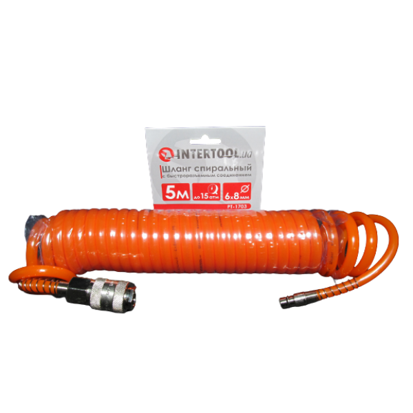 Шланг підкачування INTERTOOL 5м х 6,0 х 8мм, до 15 Атм, штуцерований, спіральний, поліуретановий (42454) - Фото 1 Шланг підкачування INTERTOOL 5м х 6,0 х 8мм, до 15 Атм, штуцерований, спіральний, поліуретановий (42454) - зображення 1