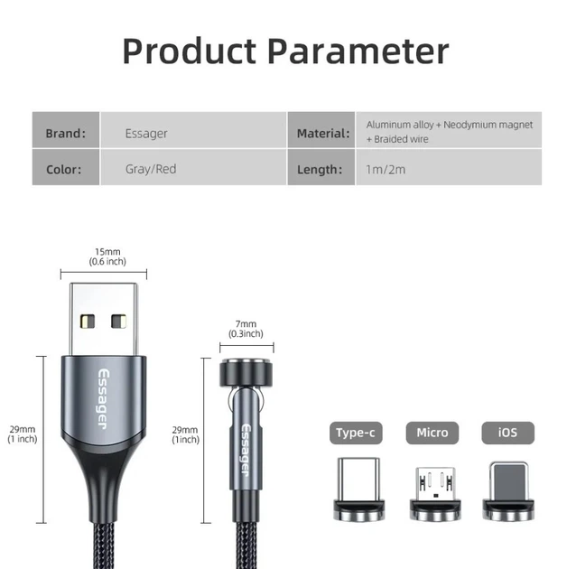 Магнітний кабель Essager 540° Rotate 3A Fast Charging Grey / 7pin / 2 м / 1 конектор Lightning - Фото 4 Магнітний кабель Essager 540° Rotate 3A Fast Charging Grey / 7pin / 2 м / 1 конектор Lightning - зображення 4