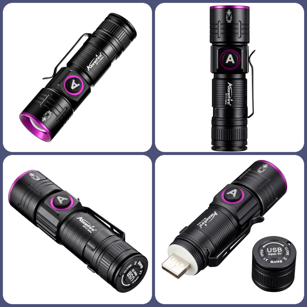 Мощный Ультрафиолетовый фонарик "AloneFire SV112" 365нм / 5W / Зум - Линза / зарядка USB / Аккумулятор - изображение 3