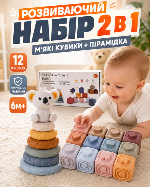Дитячий розвиваючий силіконовий набір сортер для малюків подарунок м'які кубики зі звуком коала піраміда 12 кубиків різнокольоровий (338691) - Фото 1 Дитячий розвиваючий силіконовий набір сортер для малюків подарунок м'які кубики зі звуком коала піраміда 12 кубиків різнокольоровий (338691) - зображення 1