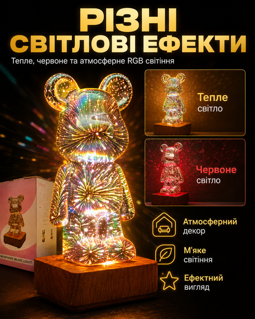 RGB ночник Bearbrick 20 см LED фигурка мишка на деревянной основе с USB питанием декоративная лампа для спальни детской и подарка (338572) - Фото 5 RGB ночник Bearbrick 20 см LED фигурка мишка на деревянной основе с USB питанием декоративная лампа для спальни детской и подарка (338572) - изображение 5