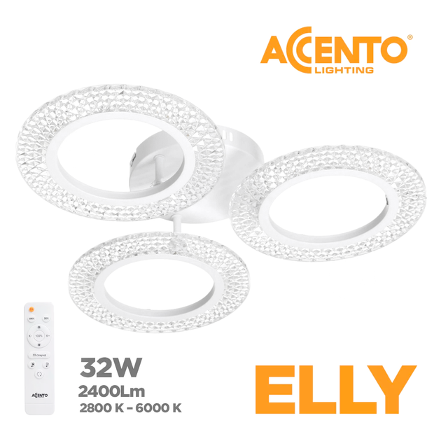 Люстра LED ELLY AC 3R 32W RC ACENTO LIGHTING біла 2800-6000K 2400Lm Ø480х80мм з пультом ДУ 220V IP20 - зображення 2