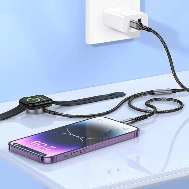 Зарядний кабель 2-в-1 Hoco CW54 Type-C to Lightning PD 18W бездротова зарядка для Apple Watch Чорний - зображення 6