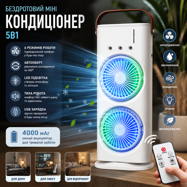 Настільний вентилятор-зволожувач кондиціонер з акумулятором та пультом - Фото 4 Настільний вентилятор-зволожувач кондиціонер з акумулятором та пультом - изображение 4
