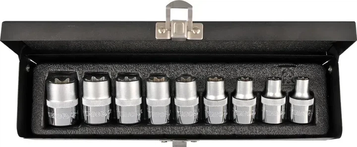 Набір торцевих головок YATO TORX E10-E24 квадрат 1/2" 9 шт YT-0521 - Фото 2 Набір торцевих головок YATO TORX E10-E24 квадрат 1/2" 9 шт YT-0521 - зображення 2