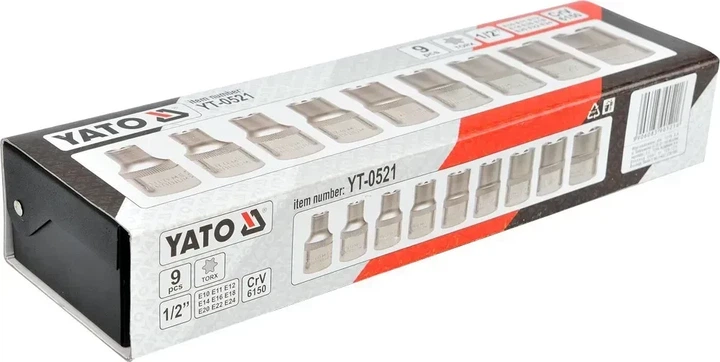 Набір торцевих головок YATO TORX E10-E24 квадрат 1/2" 9 шт YT-0521 - Фото 5 Набір торцевих головок YATO TORX E10-E24 квадрат 1/2" 9 шт YT-0521 - зображення 5