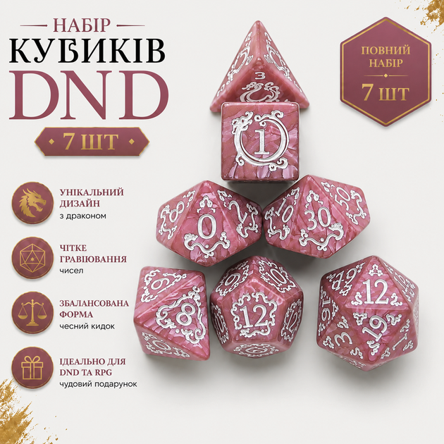 Набір кубиків 7 шт DND з драконом — рожеві поліедричні кості для настільних ігор D&D, TRPG, рольових ігор - Фото 1 Набір кубиків 7 шт DND з драконом — рожеві поліедричні кості для настільних ігор D&D, TRPG, рольових ігор - зображення 1