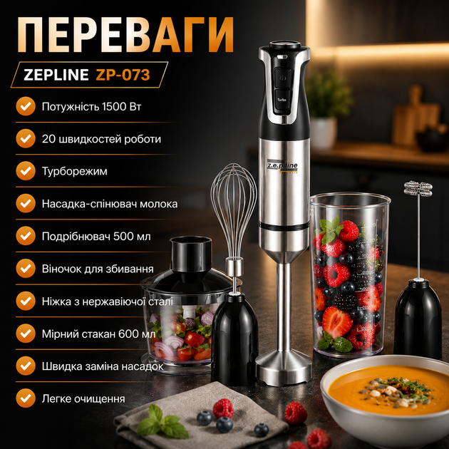 Заглибний блендер Zepline ZP-073 зі спінювачем молока - Фото 3 Заглибний блендер Zepline ZP-073 зі спінювачем молока - зображення 3