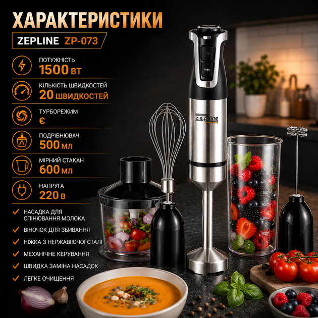 Заглибний блендер Zepline ZP-073 зі спінювачем молока - Фото 5 Заглибний блендер Zepline ZP-073 зі спінювачем молока - зображення 5