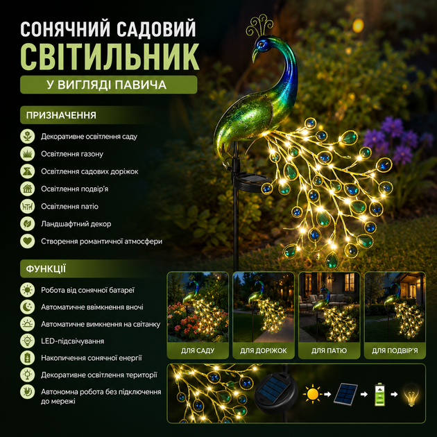Сонячний садовий світильник у вигляді павича - зображення 3