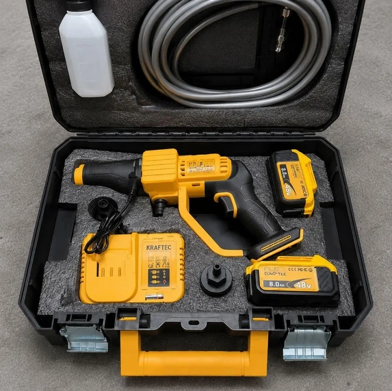 Мойка высокого давления Krafftec Germany PRO 48V 8Ah 45 Бар без щеточная, с 2 АКБ и насадками, желтая - изображение 7