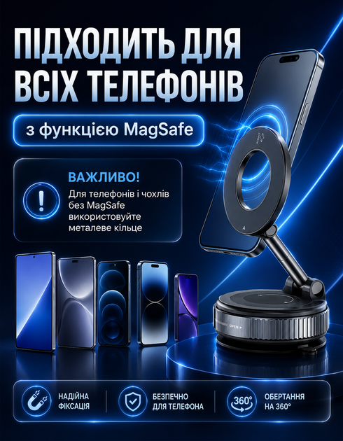 Держатель для телефона Vacuum Magnetic К-007 магнитный для android и iPhone смартфона с беспроводной зарядкой Magsafe - Фото 2 Держатель для телефона Vacuum Magnetic К-007 магнитный для android и iPhone смартфона с беспроводной зарядкой Magsafe - изображение 2