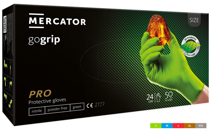 Рукавички нітрилові щільні, Зелені (7 г) MERCATOR gogrip L, (50 шт./пач.) - Фото 1 Рукавички нітрилові щільні, Зелені (7 г) MERCATOR gogrip L, (50 шт./пач.) - зображення 1