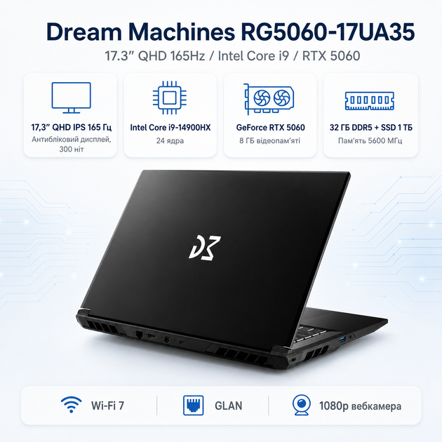Ноутбук игровой Dream Machines RG5060-17UA35 17.3” QHD 165Hz Core i9-14900HX 32 GB SSD 1TB RTX 5060 8 ГБ - изображение 2
