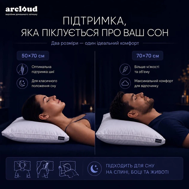 Подушка для сну ARCLOUD TYSHA 70×70 см — низька, еко лебединий пух, перкаль, гіпоалергенна, з бортом - зображення 3