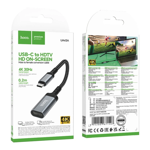 Перехідник Hoco UA43A Type-C to HDTV 4K 30Hz 20cm Сiрий - Фото 2 Перехідник Hoco UA43A Type-C to HDTV 4K 30Hz 20cm Сiрий - изображение 2