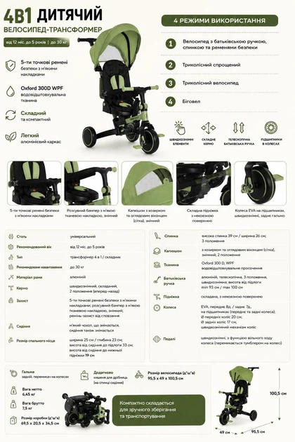 Детский трехколесный велосипед с родительской ручкой 4 в 1 Turbo Trike MT 1036 black - изображение 2