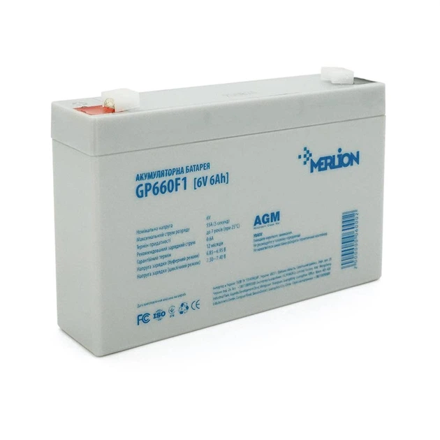 Акумуляторна батарея MERLION AGM GP660F1 6V 6Ah (150 x 35 x 90 (100)) White Q10 (UG-34455) - Фото 1 Акумуляторна батарея MERLION AGM GP660F1 6V 6Ah (150 x 35 x 90 (100)) White Q10 (UG-34455) - изображение 1
