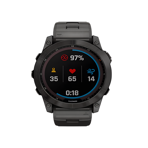 Смарт-годинник Garmin Fenix 7X Sapphire Solar C. Grey DLC Titanium w. Carbon Grey DLC Vented T. Band (010-02541-27) - Фото 2 Смарт-годинник Garmin Fenix 7X Sapphire Solar C. Grey DLC Titanium w. Carbon Grey DLC Vented T. Band (010-02541-27) - зображення 2