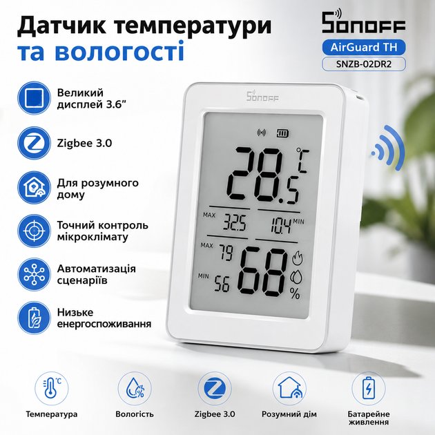 Датчик температури та вологості SONOFF AirGuard TH SNZB-02DR2 Zigbee з великим 3.6" дисплеєм для розумного дому - Фото 1 Датчик температури та вологості SONOFF AirGuard TH SNZB-02DR2 Zigbee з великим 3.6" дисплеєм для розумного дому - зображення 1