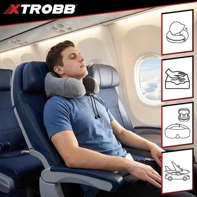 Набор для путешествий Xtrobb 26087 3D Memory Foam, подушка для шеи + маска для сна + беруши, 4-в-1, черный/серый, дорожный комплект с эффектом памяти - Фото 4 Набор для путешествий Xtrobb 26087 3D Memory Foam, подушка для шеи + маска для сна + беруши, 4-в-1, черный/серый, дорожный комплект с эффектом памяти - изображение 4