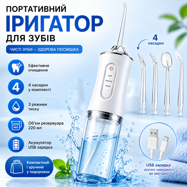 Портативный ирригатор для ротовой полости 220 мл с 4 насадками - 3 режима, IPX7 - изображение 3