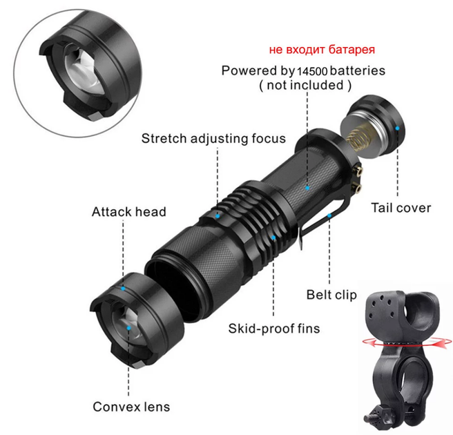 Ручной вело мини Led Фонарик POCKETMAN Зелёный Телескопический Q5 три режима свечения - изображение 3