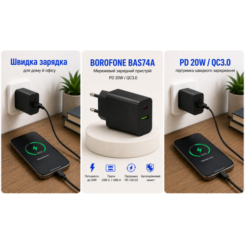 Сетевое зарядное устройство Borofone BAS74A USB-C 20W + USB-A 18W Black - изображение 3