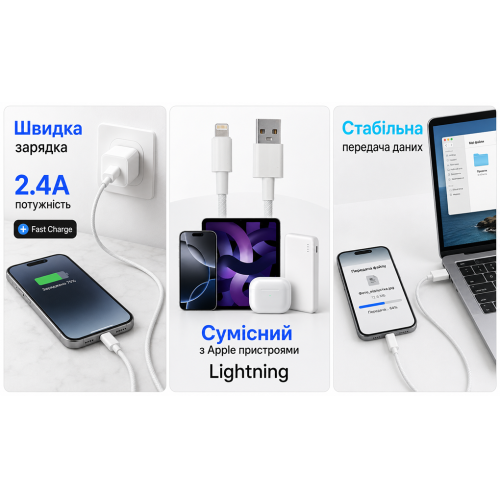Кабель Borofone BX117W USB - Lightning 2.4А, 1м, White - Фото 3 Кабель Borofone BX117W USB - Lightning 2.4А, 1м, White - изображение 3