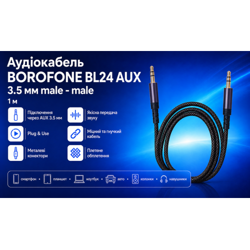 Аудіокабель Borofone BL24 AUX 3.5 mm - 3.5 mm, 1м - зображення 2