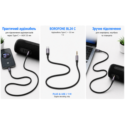 Аудіокабель Borofone BL24 AUX 3.5 mm - Type-C, 1м - зображення 3